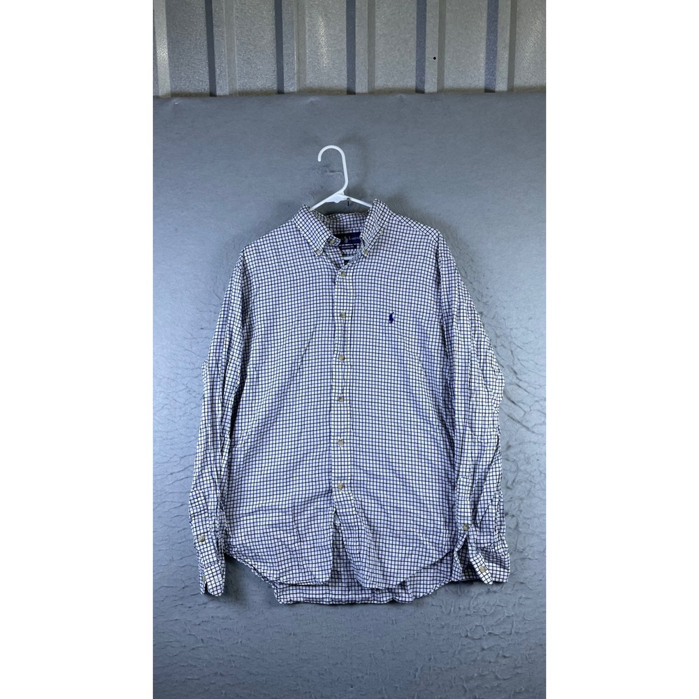 Ralph Lauren Button Down Mens L White Blue Plaid Excellent Classic Fit Shirt
